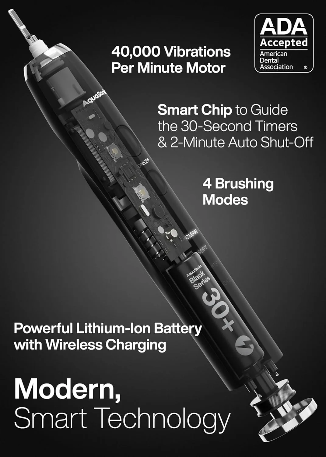 Aquasonic Black Series Ultra Whitening Toothbrush – ADA Accepted Electric Toothbrush- 8 Brush Heads & Travel Case – 40,000 VPM Electric Moto