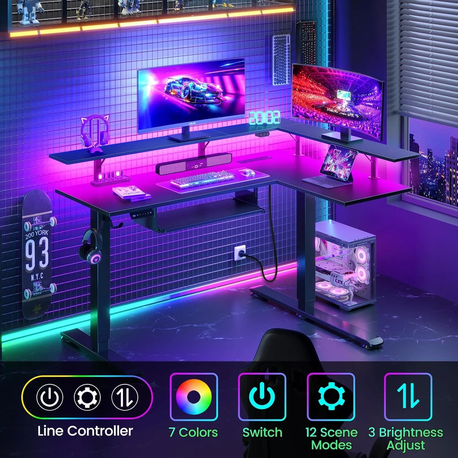 Rolanstar L Shaped Standing Desk with Keyboard Tray, Height Adjustable Corner Desk with LED Light & Power Outlet