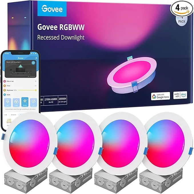 Govee Smart Recessed Lighting 6 Inch, Wi-Fi Bluetooth Direct Connect RGBWW LED Downlight, 65 Scene Mode, Canless Recessed Light