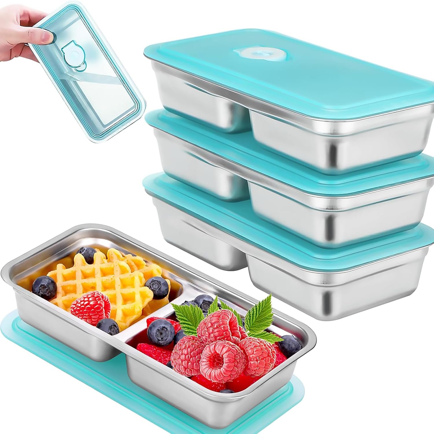 4 Pack Stainless Steel Snack Containers Reusable with Lid, Grab and Go 2 Compartment Snack Food Storage Containers