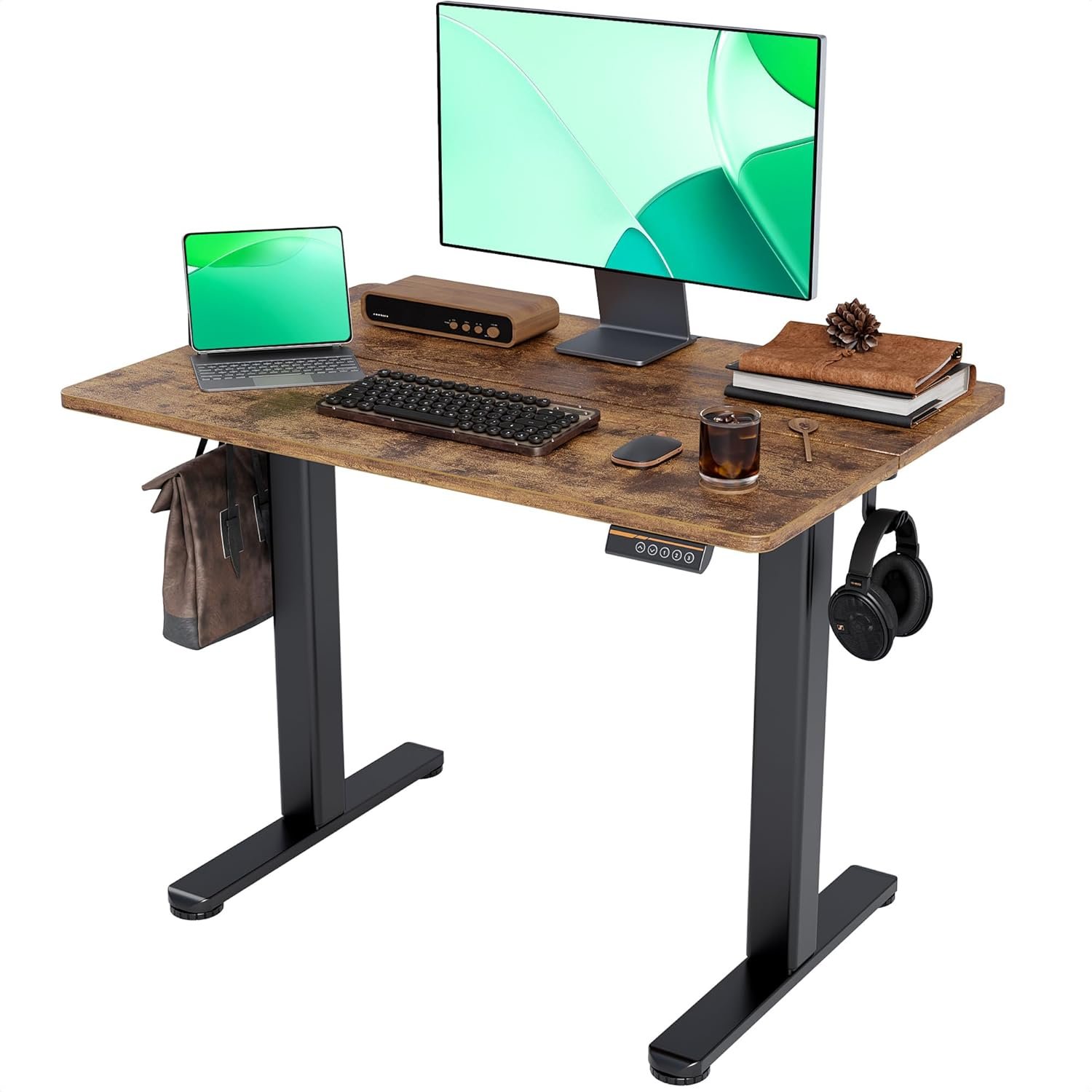 Claiks Electric Standing Desk, Adjustable Height Stand up Desk, 40x24 Inches Sit Stand Home Office Desk with Splice Board, Black Frame/Rusti