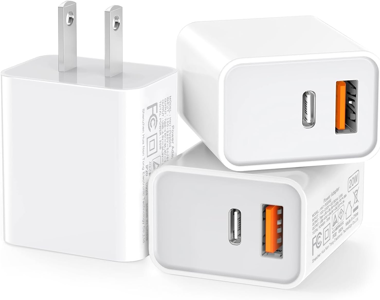 3 Pack USB C Wall Charger, 20W Durable Dual Port QC+PD 3.0 Power Adapter