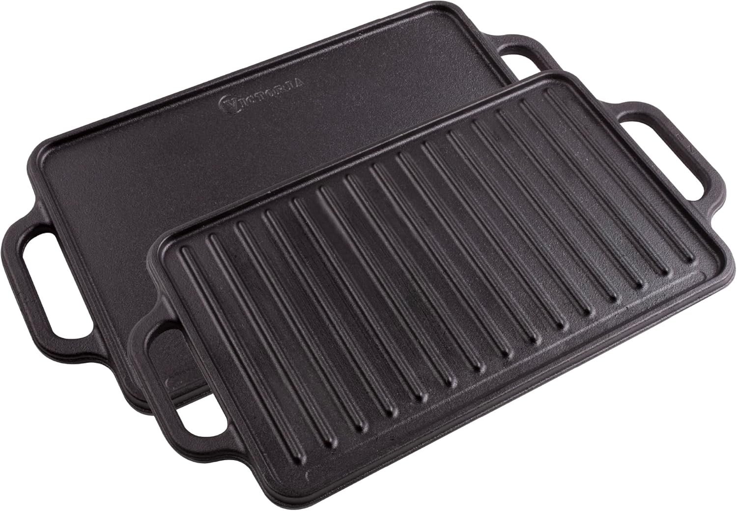 Victoria Rectangular Cast Iron Griddle. Double Burner Griddle, Reversible Griddle Grill, 13 x 8.5 Inch