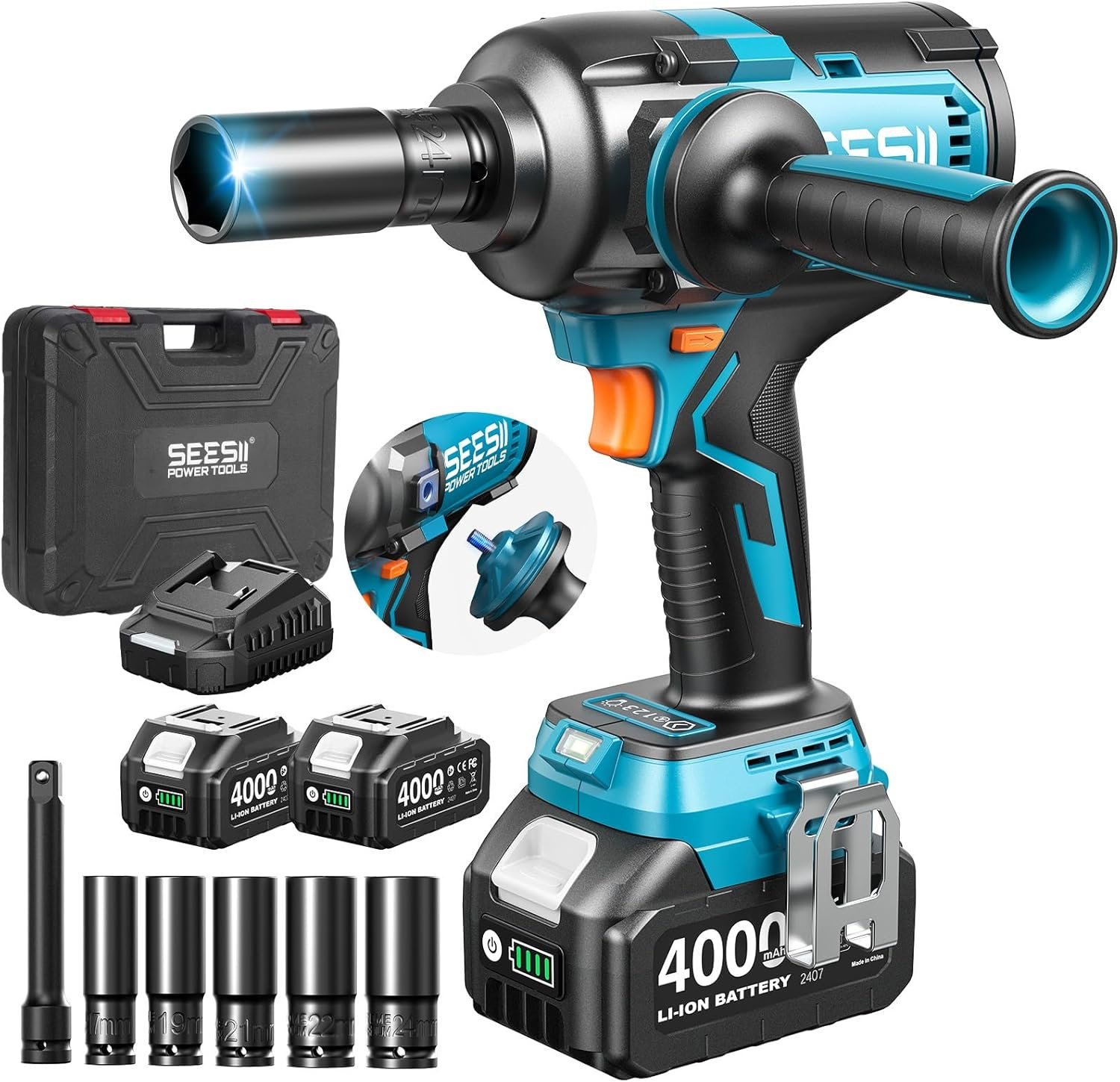 Seesii Upgraded Cordless Impact Wrench 885Ft-lbs (1200N·m): 1/2" Impact Gun with Detachable Side Handle