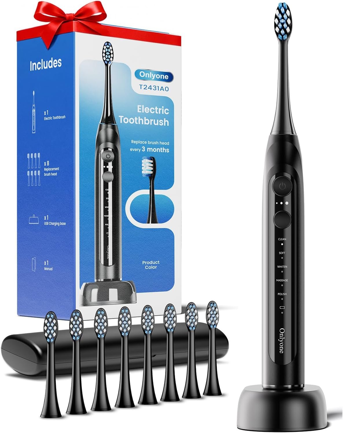 Onlyone Sonic Electric Toothbrush for Adults, Rechargeable Ultrasonic Electric Toothbrush with 8 Brush Heads