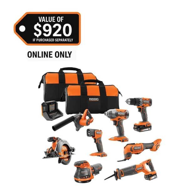RIDGID 18V Cordless 8-Tool Combo Kit with Batteries and Charger – $449 (was $599)