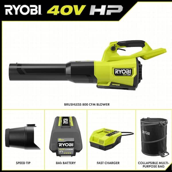 RYOBI 40V HP Brushless Whisper Series 180 MPH/800 CFM Cordless Leaf Blower Kit with 8.0Ah Battery and Charger (RY40HPLB01K)