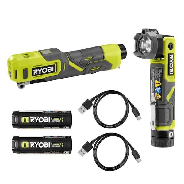 RYOBI USB Lithium LED Compact Flashlight and Cordless High-Pressure Portable Inflator Kit with (2) Batteries and Cables (FVL54K-FVIF51K)