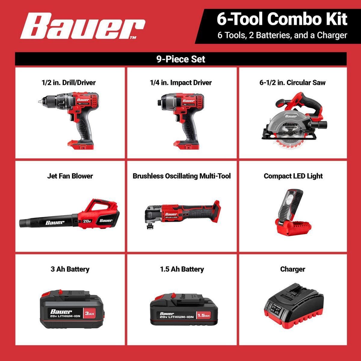 BAUER 20V Cordless 6-Tool Combo Kit with 3.0Ah + 1.5Ah Batteries and Charger