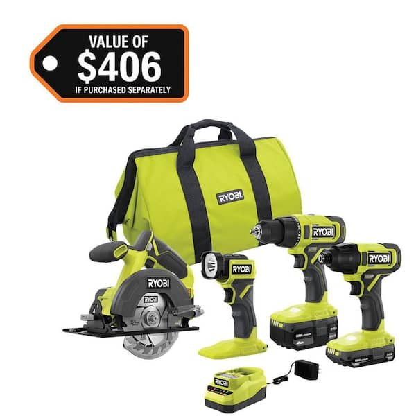 RYOBI ONE+ 18V Cordless 4-Tool Combo Kit with 2 Batteries and Charger