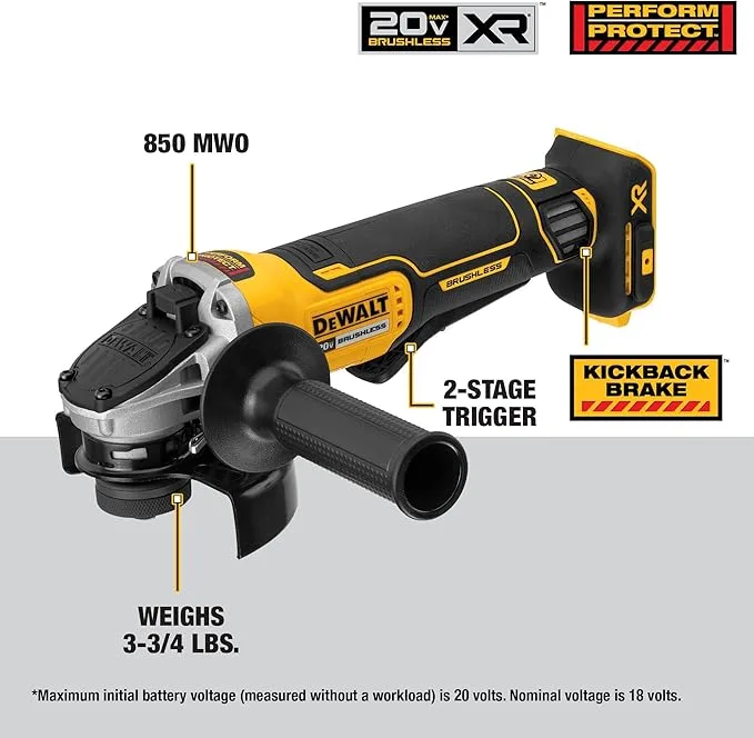 DEWALT 20V MAX* XR Angle Grinder Tool Cordless Brushless, 4 1/2 Inch, with Paddle Switch and Kickback Brake, Tool Only (DCG413B)