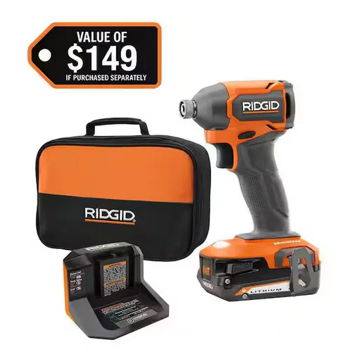 Rigid 18V SubCompact Brushless Cordless Impact Driver Kit with 2.0 Ah Battery, Charger, and Tool Bag